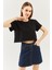 Siyah Oversize Rahat Pamuklu Penye Bisiklet Yaka Kısa Kol Basic Crop T-Shirt 2
