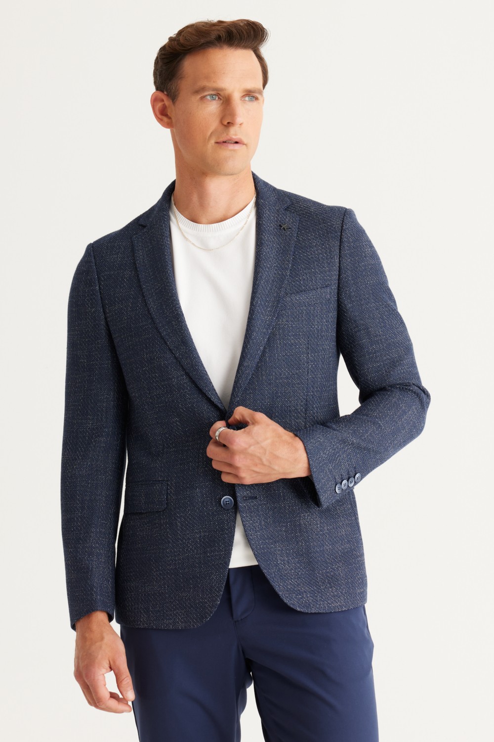 Altınyıldız Classics Erkek Lacivert-Beyaz Slim Fit Dar Kesim Mono Yaka Desenli Blazer Ceket