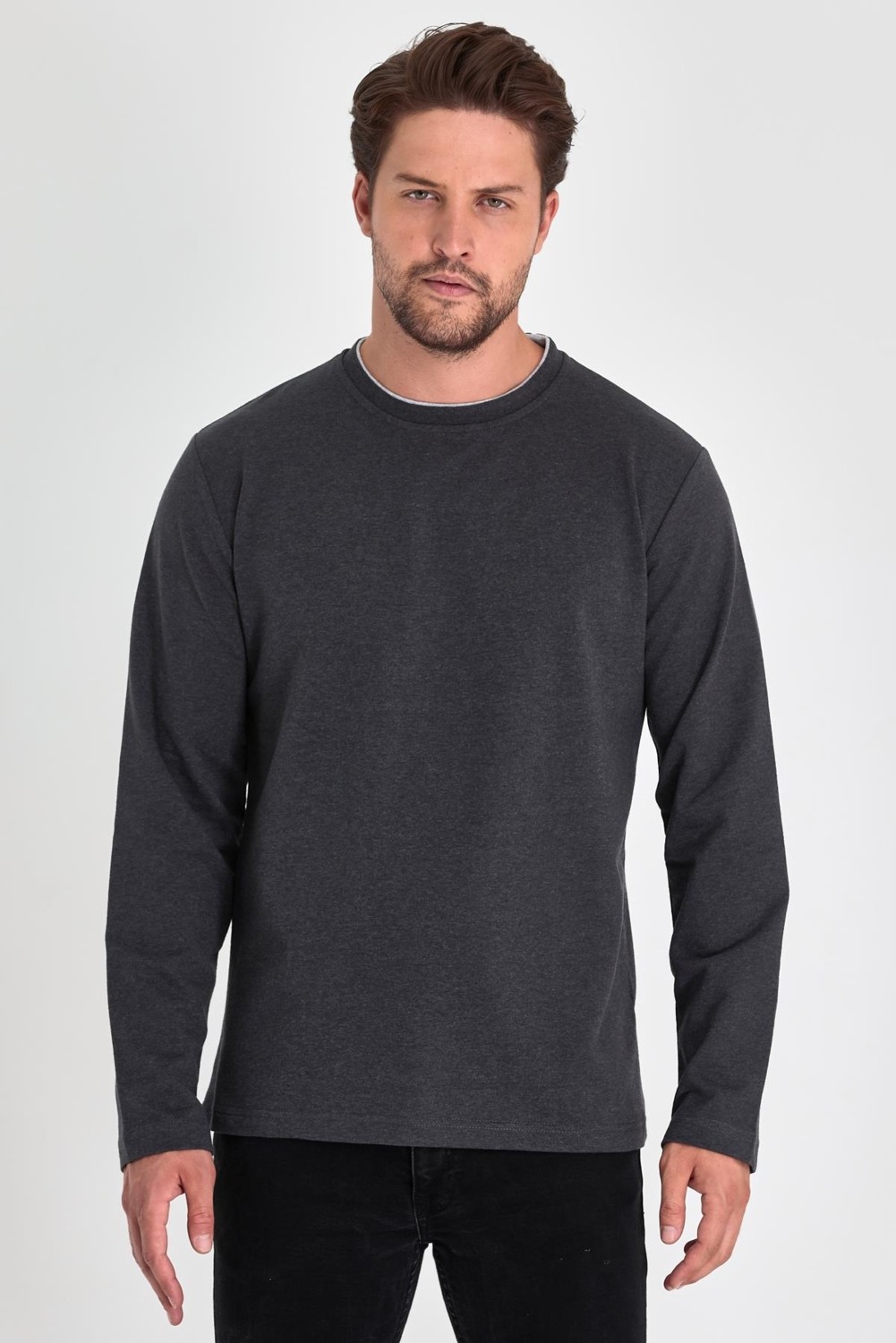 Mmetalic Erkek Siyah Çift Bisiklet Yaka Standart Rahat Kesim Sweatshirt