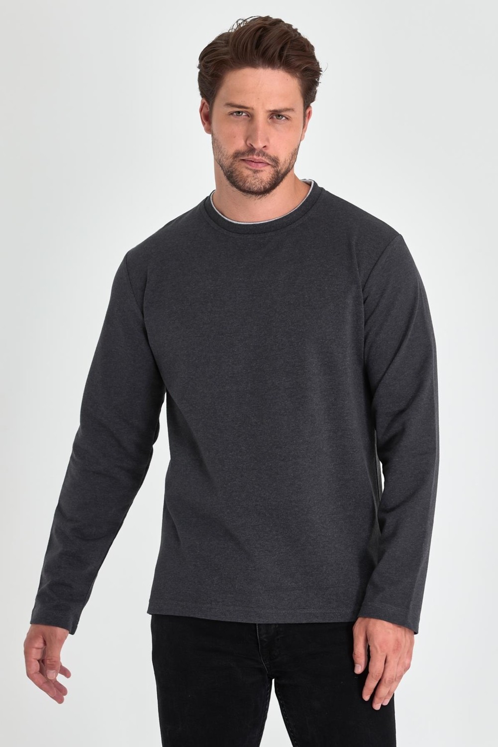 Mmetalic Erkek Siyah Çift Bisiklet Yaka Standart Rahat Kesim Sweatshirt görsel 2