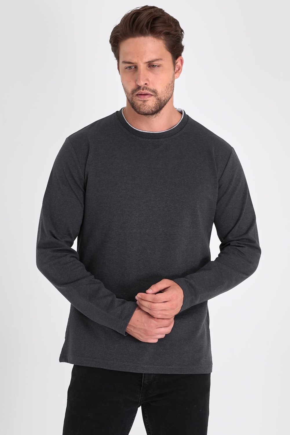 Mmetalic Erkek Siyah Çift Bisiklet Yaka Standart Rahat Kesim Sweatshirt görsel 5