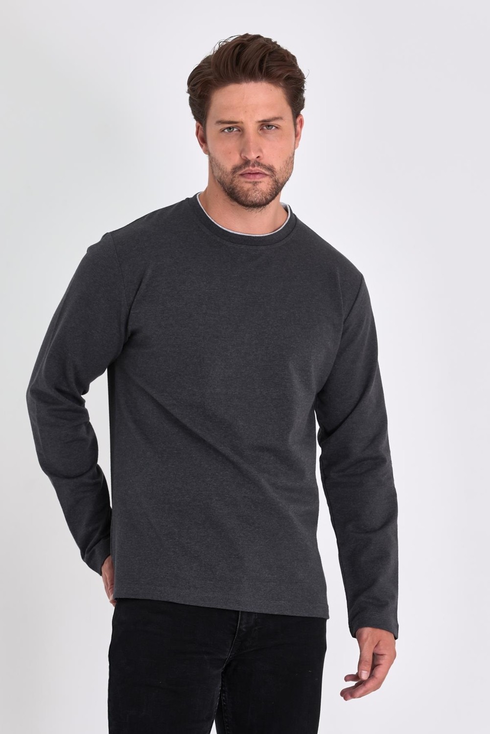 Mmetalic Erkek Siyah Çift Bisiklet Yaka Standart Rahat Kesim Sweatshirt görsel 6
