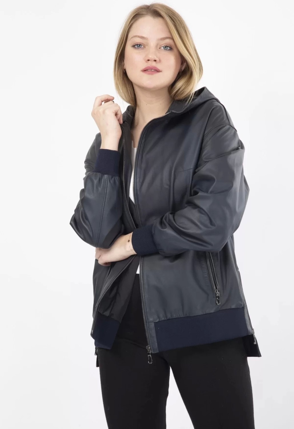 By Marki Marki Oversize Kapüşonlu Yağmurluk Hakiki Deri Mont Baharlık görsel 5