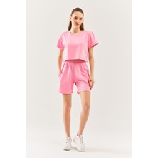 Butikgiz Pembe Rahat  Pamuklu Penye Beli  Lastikli Bel Cepli Kısa Trendy  Kadın Şort