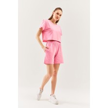 Butikgiz Pembe Rahat  Pamuklu Penye Beli  Lastikli Bel Cepli Kısa Trendy  Kadın Şort