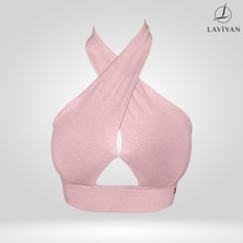 Laviyan Kadın Boyundan Bağlamalı Pamuklu Örme Crop Fitted/Vücuda Oturan Sırtı Açık Bralet Bluz