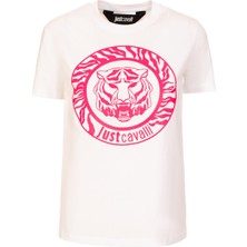 Just Cavalli Bisiklet Yaka Baskılı Beyaz Kadın T-Shirt 74PBHF04