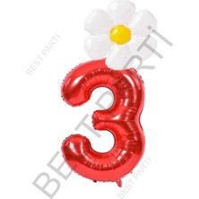 Best Parti Kırmızı Rakam ve Beyaz Papatya Folyo Balon  Seti Yaş 3