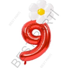 Best Parti Kırmızı Rakam ve Beyaz Papatya Folyo Balon  Seti Yaş 9