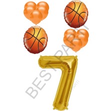 Best Parti Basketbol Topu ve Gold Renk Rakam Folyo ve Latex Balon Seti Yaş 7