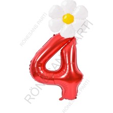 Rönesans Parti Kırmızı Rakam Ve Beyaz Papatya Folyo Balon  Seti Yaş 4