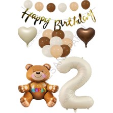Rönesans Parti Happy Bırthday Banner Oturan Ayı, Bej Rakam, Kalp Folyo Ve Latex  Balon Seti Yaş 2