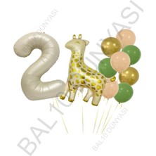 Benekli Zürafa Bej Rengi Rakam Folyo ve Krom Pastel Balon Seti Yaş 2