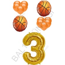 Basketbol Topu ve Gold Renk Rakam Folyo ve Latex Balon Seti Yaş 3