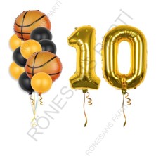 Rönesans Parti Gold Renk Rakam Basketbol Topu Folyo Ve Latex  Balon Seti Yaş 10