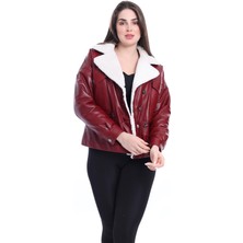 By Marki Marki Kadın Hakiki Deri Mont Bordo Içi Kürklü Kürkü Beyaz Kürk Mont Deri Ceket 111422