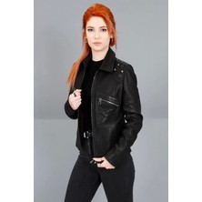 By Marki Marki Hakiki Deri Ceket Deri Mont Omuzunda Kuşgözü Tasarımlı Kadın Deri Mont Ceket- 100222