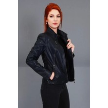 By Marki Marki Hakiki Deri Ceket Lacivert Kadın Hakiki Deri Mont Ceket - 100322