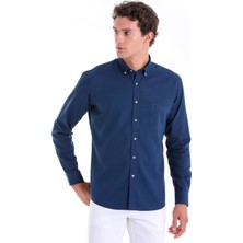 Saykı Lacivert Comfort Fit Düz 100% Pamuk Düğmeli Yaka Uzun Kollu Casual Oxford Gömlek