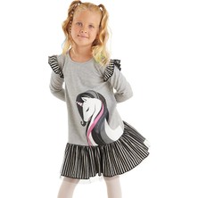 Denokids Zarif Unicorn Gri Kız Çocuk Elbise