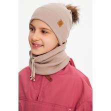Babygiz Sütlü Kahve Kız Çocuk Kürk Ponponlu Şapka Bere Boyunluk Takım Pamuklu Kaşkorse