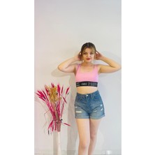 Podyum Plus Lastik Detaylı Crop Top Pembe