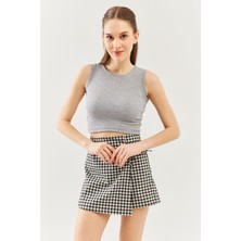 Butikgiz Gri Sıfır Kol Bisiklet Yaka Vucuda Oturan %100 Pamuklu Kaşkorse Esnek Crop Bluz