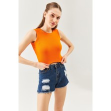 Butikgiz Turuncu Sıfır Kol Bisiklet Yaka Vücuda Oturan %100 Pamuklu Kaşkorse Esnek Crop Bluz
