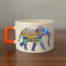 Mor Mürekkep Yürüyen Fil Baskılı Turuncu Kulplu C Kupa