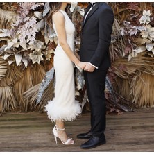 Shop Krutzo Beyaz Tüylü Otriş Midi Abiye Nişan Söz Nikah Elbisesi