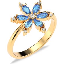 İndigo Takı Aqua Taşlı Lotus Çiçeği Altın Kaplama Gümüş Yüzük