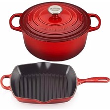 Le Creuset Dökme Demir Saplı Tencere 26 cm + Dökme Demir Izgara Tavası Kare 26 cm