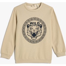 Koton Sweatshirt Kaplan Kabartma Baskılı Şardonlu Bisiklet Yaka