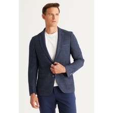 Altınyıldız Classics Erkek Lacivert-Beyaz Slim Fit Dar Kesim Mono Yaka Desenli Blazer Ceket