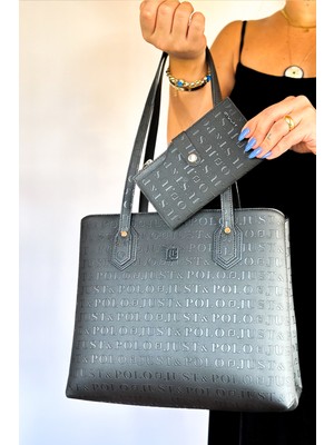 Just Polo 2 Bölmeli 5 Gözlü Gofraj Baskılı Büyük Boy Kadın Omuz Çantası 4028 Siyah Kombin