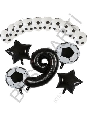 Best Parti Futbol Topu Yıdız Folyo Siyah Rakam ve Baskılı Balon Seti Yaş 9