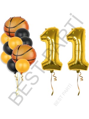 Best Parti Gold Renk Rakam Basketbol Topu Folyo ve Latex Balon Seti Yaş 11