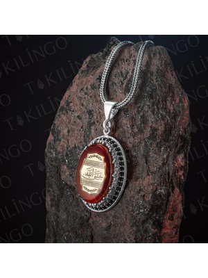 Takılingo 925 Ayar Gümüş Kehribar Taşlı Arapca Hasbi Allah Yazılı Erkek Kolye