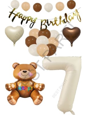 Best Parti Happy Bırthday Banner Oturan Ayı, Bej Rakam, Kalp Folyo ve Latex Balon Seti Yaş 7