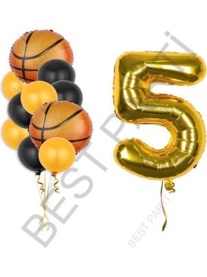 Best Parti Gold Renk Rakam Basketbol Topu Folyo ve Latex Balon Seti Yaş 5