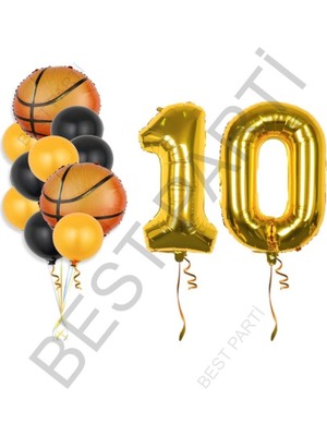 Best Parti Gold Renk Rakam Basketbol Topu Folyo ve Latex Balon Seti Yaş 10
