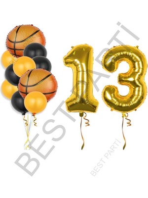 Best Parti Gold Renk Rakam Basketbol Topu Folyo ve Latex Balon Seti Yaş 13