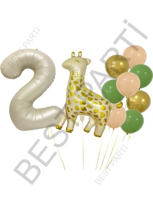 Best Parti Benekli Zürafa Bej Rengi Rakam Folyo ve Krom Pastel Balon Seti Yaş 2