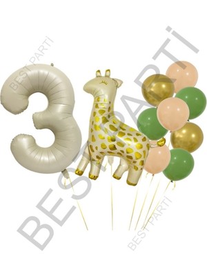 Best Parti Benekli Zürafa Bej Rengi Rakam Folyo ve Krom Pastel Balon Seti Yaş 3