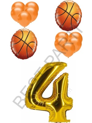 Best Parti Basketbol Topu ve Gold Renk Rakam Folyo ve Latex Balon Seti Yaş 4