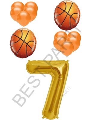 Best Parti Basketbol Topu ve Gold Renk Rakam Folyo ve Latex Balon Seti Yaş 7
