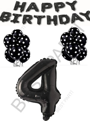 Best Parti Happy Bırthday,siyah Rakam Folyo Balon ve Siyah Beyaz Puanlı Balon Seti Yaş 4