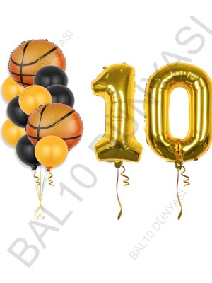 Gold Renk Rakam Basketbol Topu Folyo ve Latex Balon Seti Yaş 10