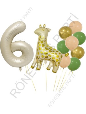 Rönesans Parti Benekli Zürafa Bej Rengi Rakam Folyo Ve Krom Pastel Balon Seti Yaş 6
