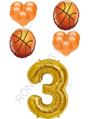Rönesans Parti Basketbol Topu Ve Gold Renk Rakam Folyo Ve Latex  Balon Seti Yaş 3